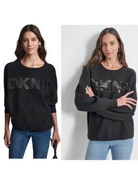 DKNY Jeans black sequin sparkly logo long web sleeve oversized sweater Sz L